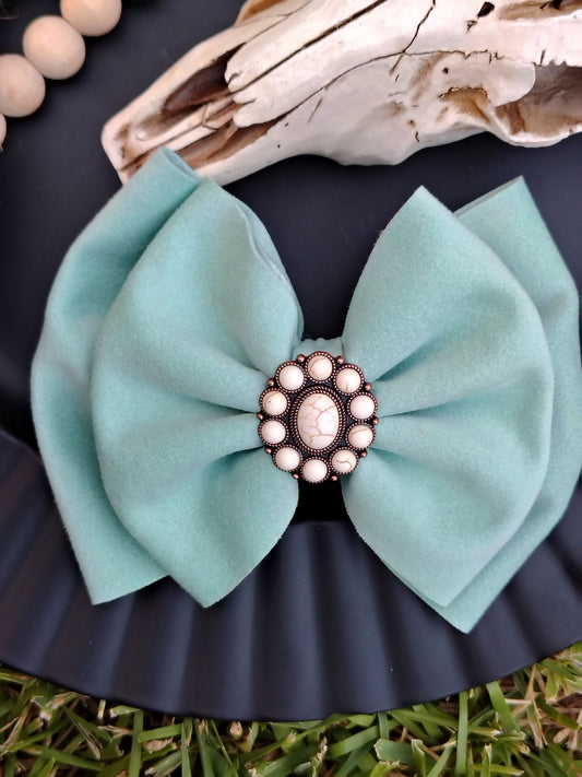 Teal suede double bow